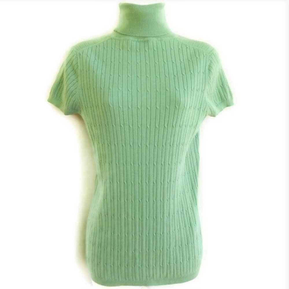 Magaschoni Mint Green Sweater Turtleneck Cable Knit Short Sleeve M